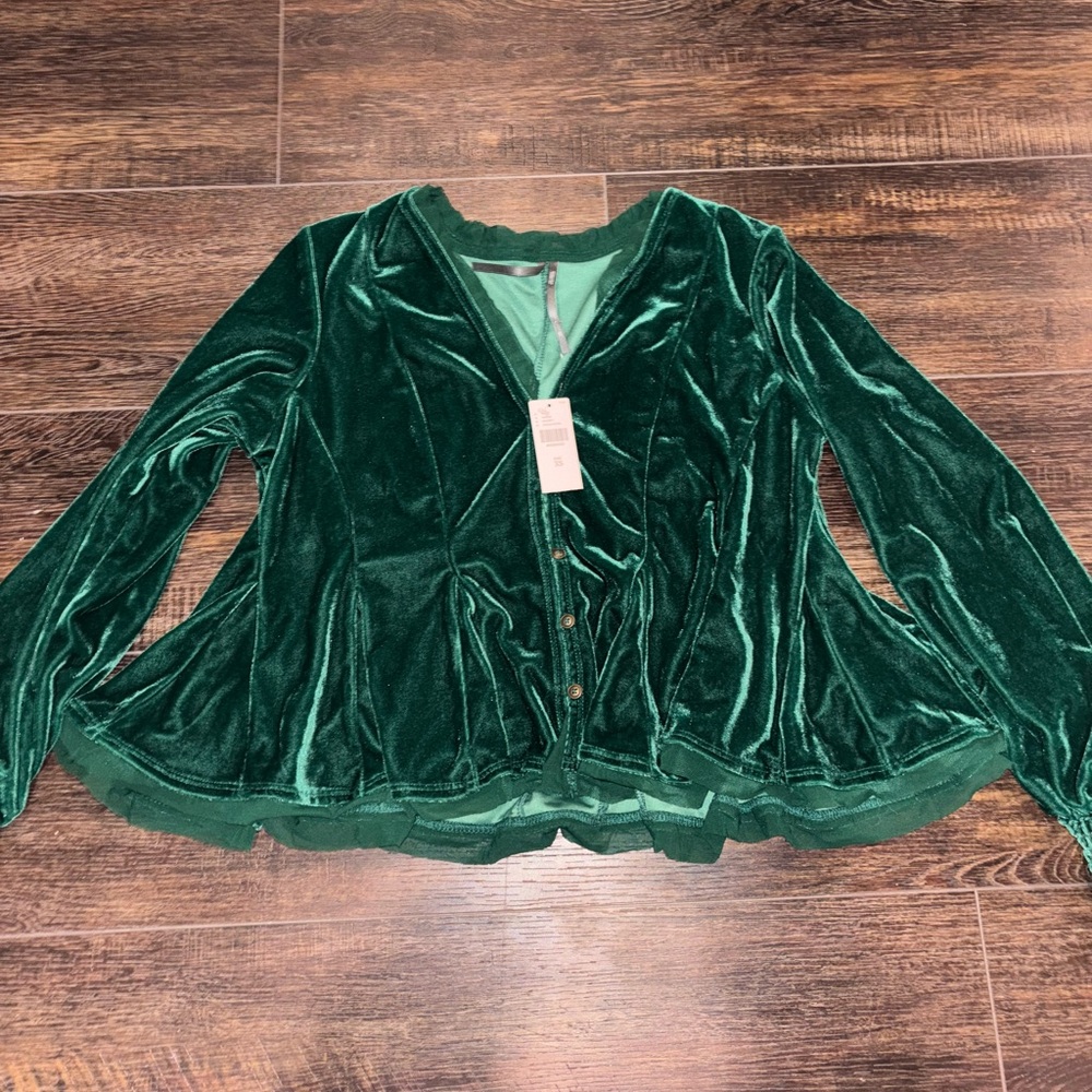 NWT Anthropologie Green Velvet Peasant Women's Top